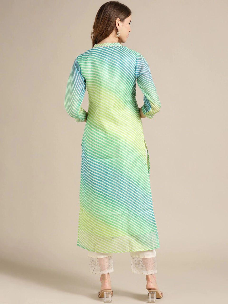 Varanga Women Lime Green & White Leheriya Cotton A-Line Kurta - Indiakreations