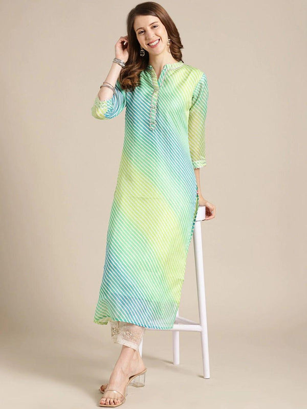 Varanga Women Lime Green & White Leheriya Cotton A-Line Kurta - Indiakreations