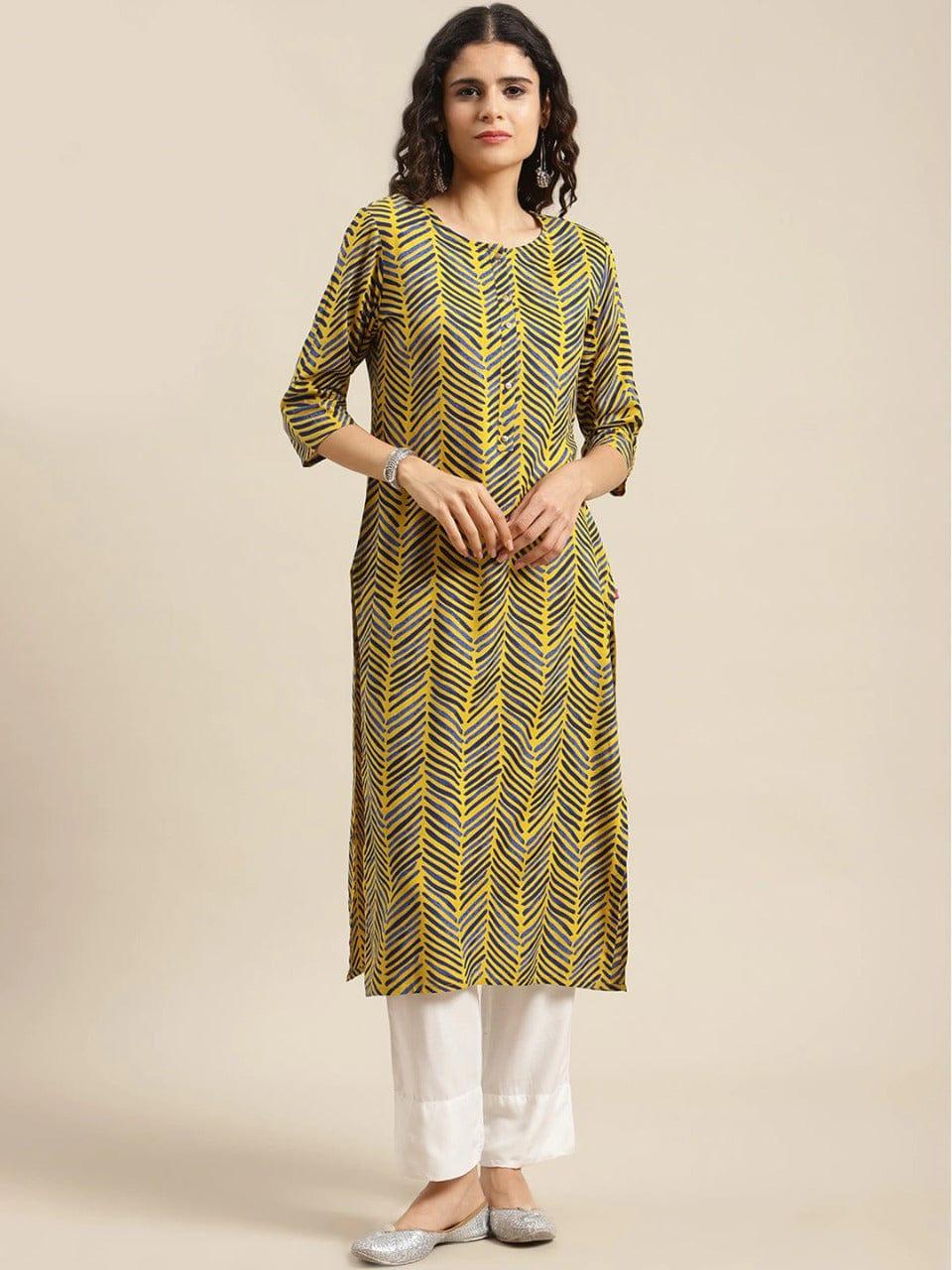 KSUT Women Yellow Geometric Printed Straight Kurta - Indiakreations