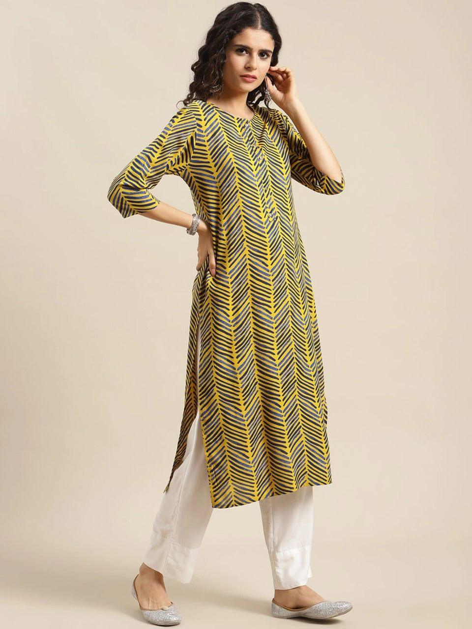 KSUT Women Yellow Geometric Printed Straight Kurta - Indiakreations