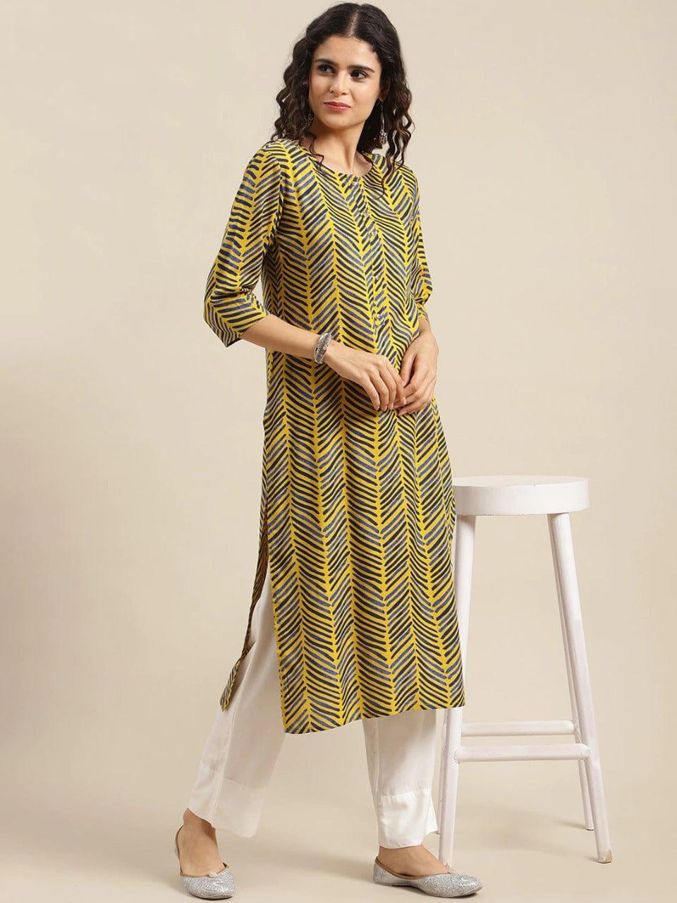 KSUT Women Yellow Geometric Printed Straight Kurta - Indiakreations