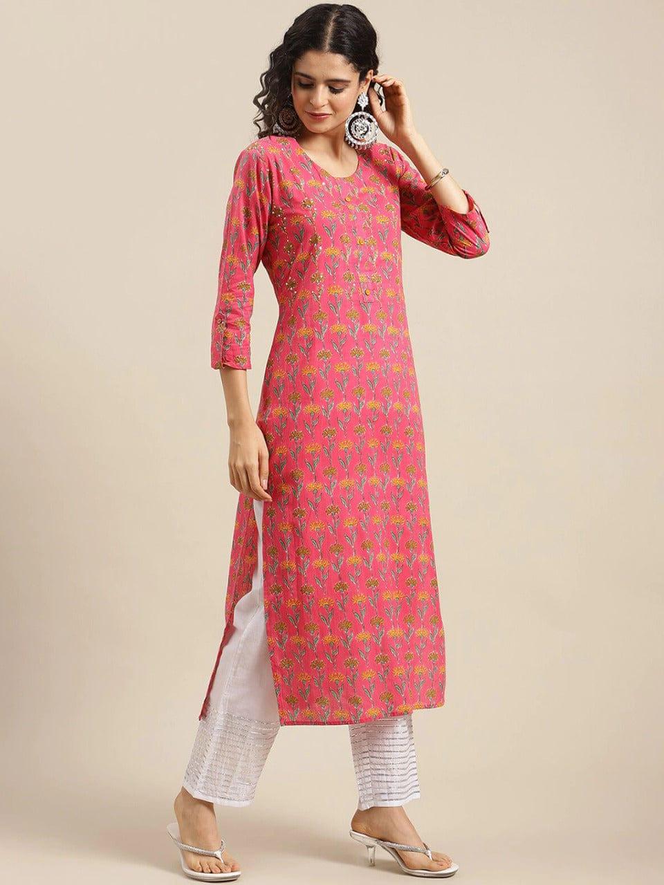 KSUT Women Pink Ethnic Motifs Printed Cotton Straight Kurta - Indiakreations