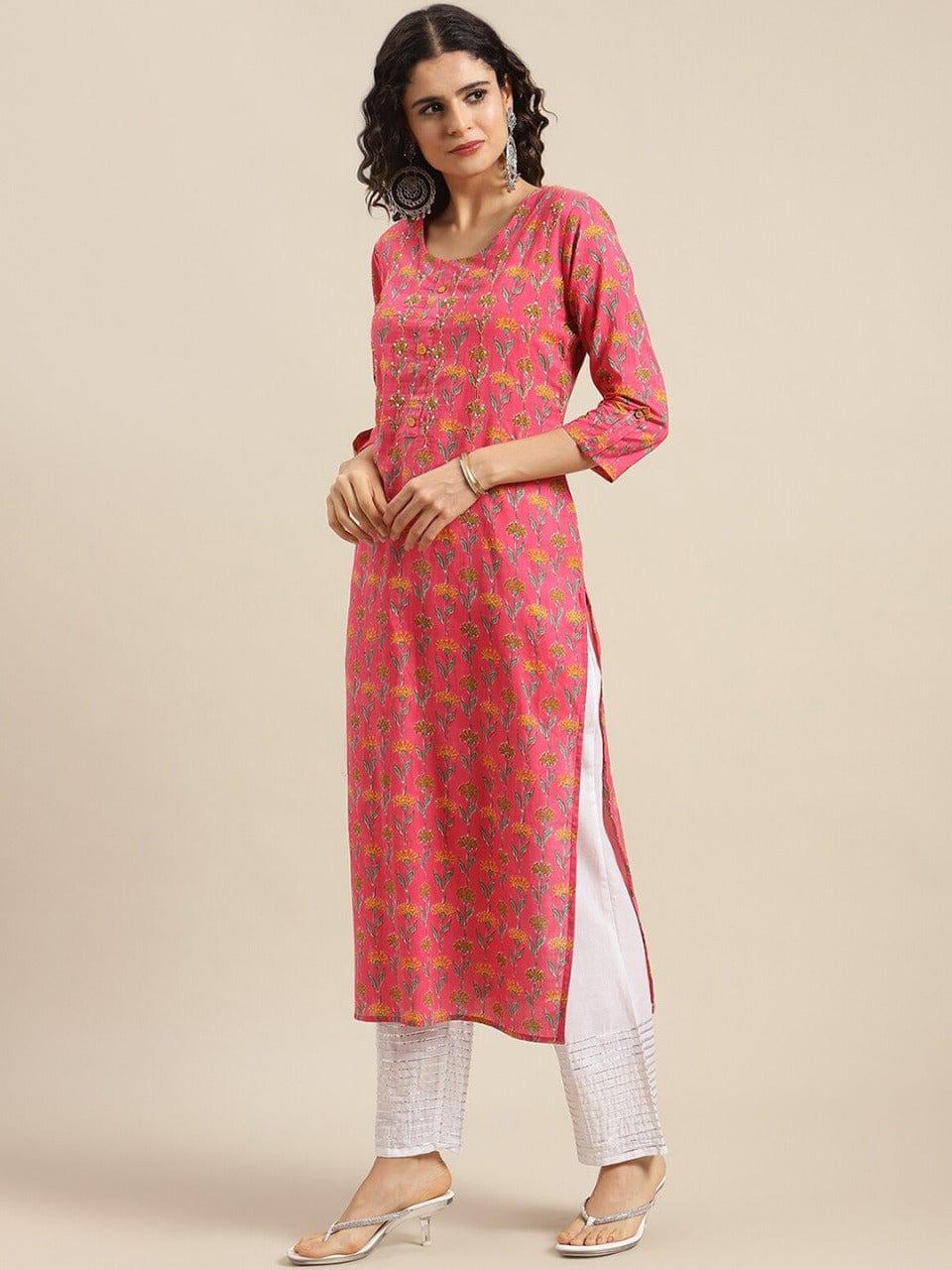 KSUT Women Pink Ethnic Motifs Printed Cotton Straight Kurta - Indiakreations