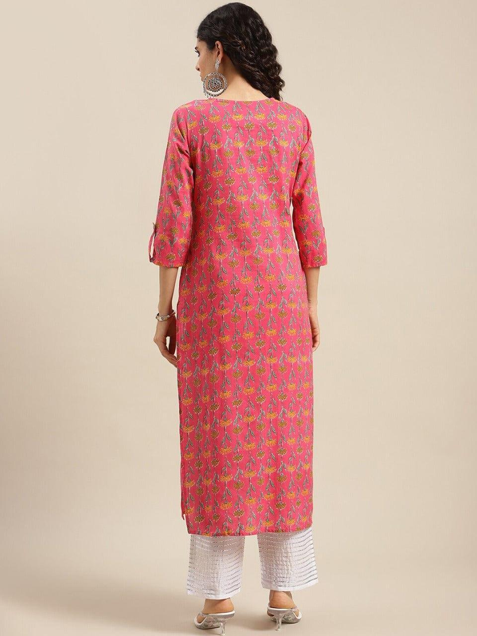 KSUT Women Pink Ethnic Motifs Printed Cotton Straight Kurta - Indiakreations