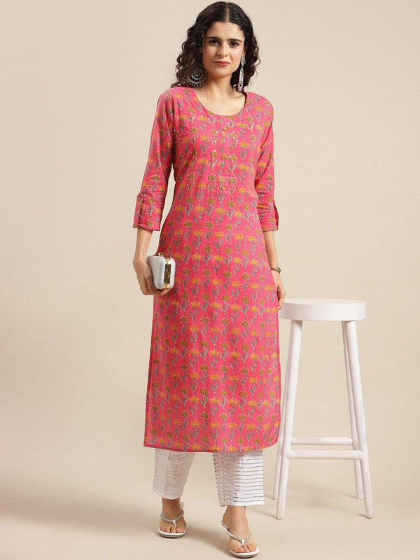 KSUT Women Pink Ethnic Motifs Printed Cotton Straight Kurta - Indiakreations