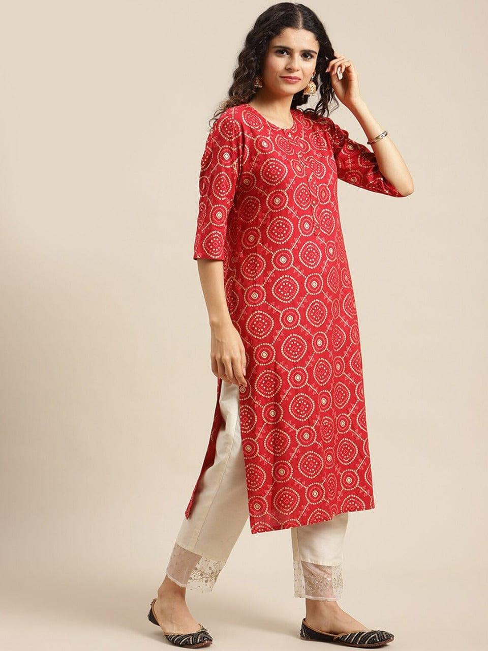 KSUT Women Red Ethnic Motifs Printed Mirror Work Kurta - Indiakreations