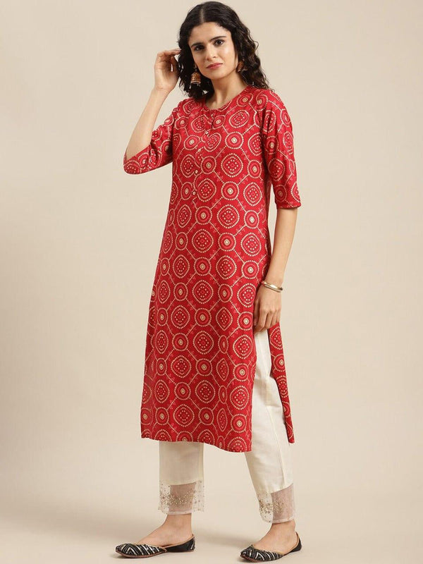 KSUT Women Red Ethnic Motifs Printed Mirror Work Kurta - Indiakreations