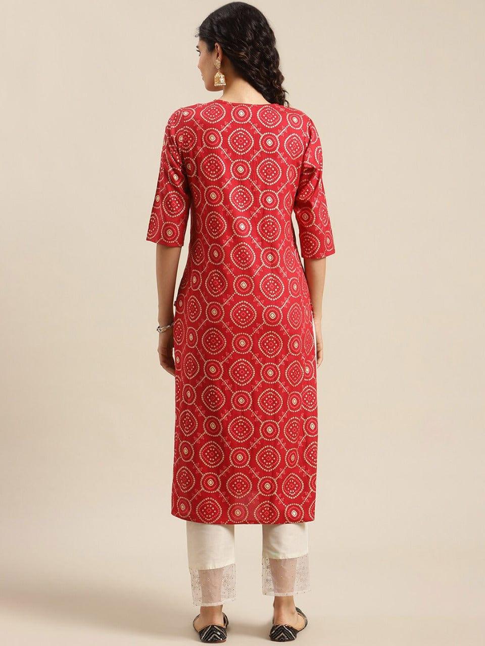 KSUT Women Red Ethnic Motifs Printed Mirror Work Kurta - Indiakreations