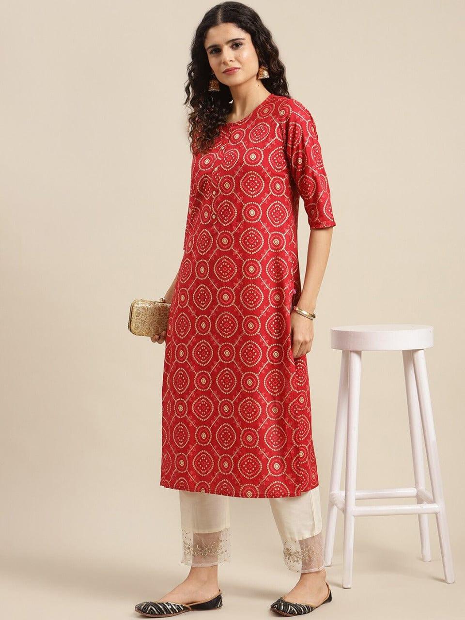 KSUT Women Red Ethnic Motifs Printed Mirror Work Kurta - Indiakreations