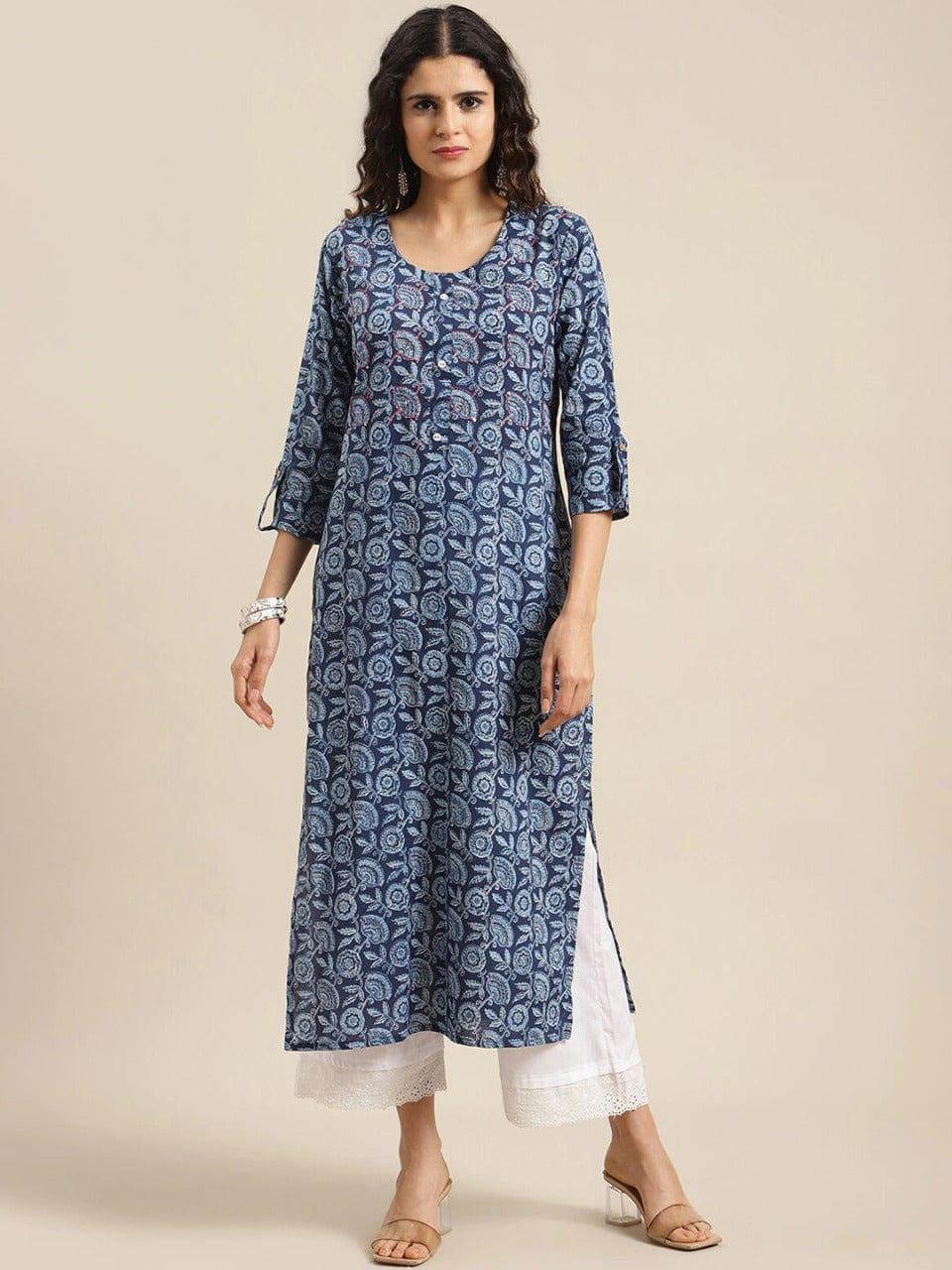 KSUT Women Blue & White Floral Printed Mirror Work Kurta - Indiakreations