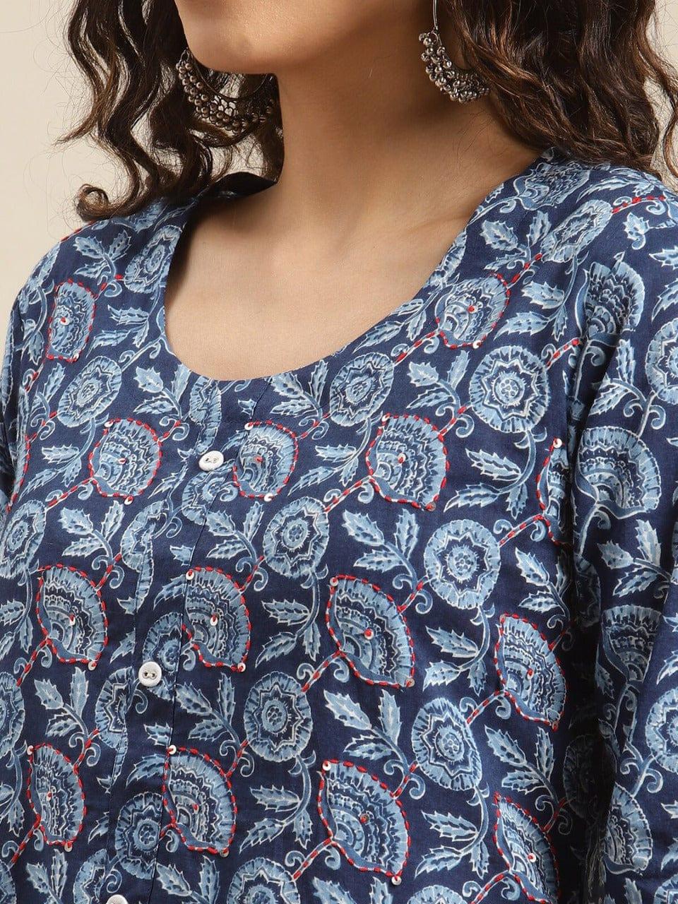 KSUT Women Blue & White Floral Printed Mirror Work Kurta - Indiakreations