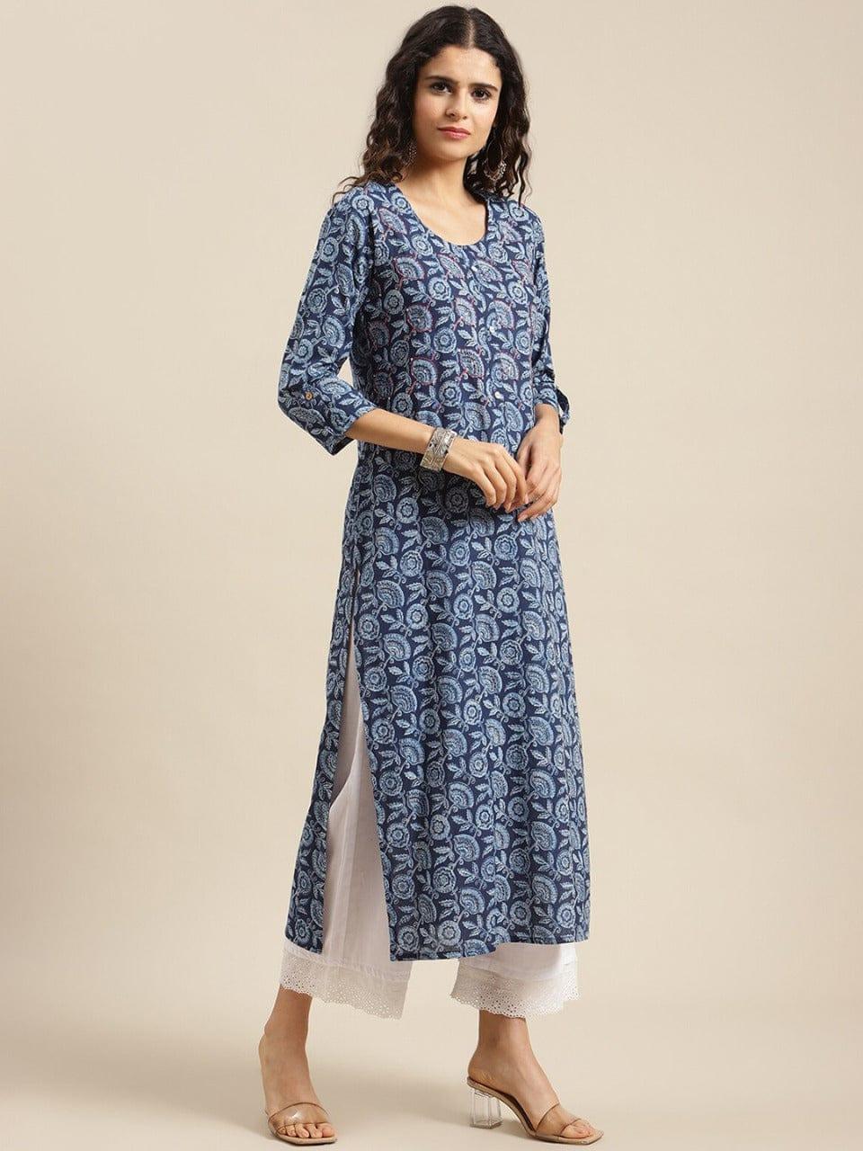 KSUT Women Blue & White Floral Printed Mirror Work Kurta - Indiakreations