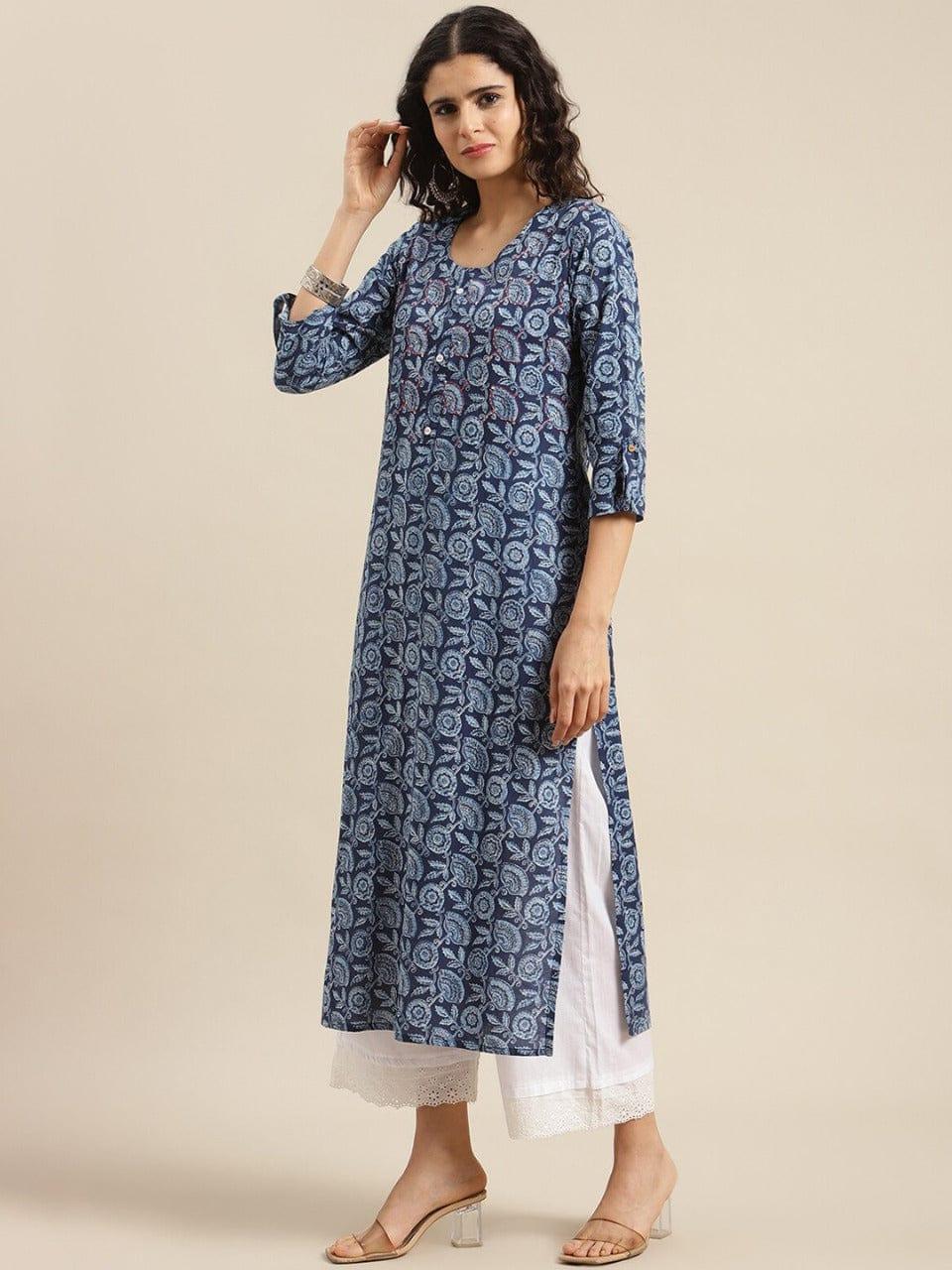 KSUT Women Blue & White Floral Printed Mirror Work Kurta - Indiakreations