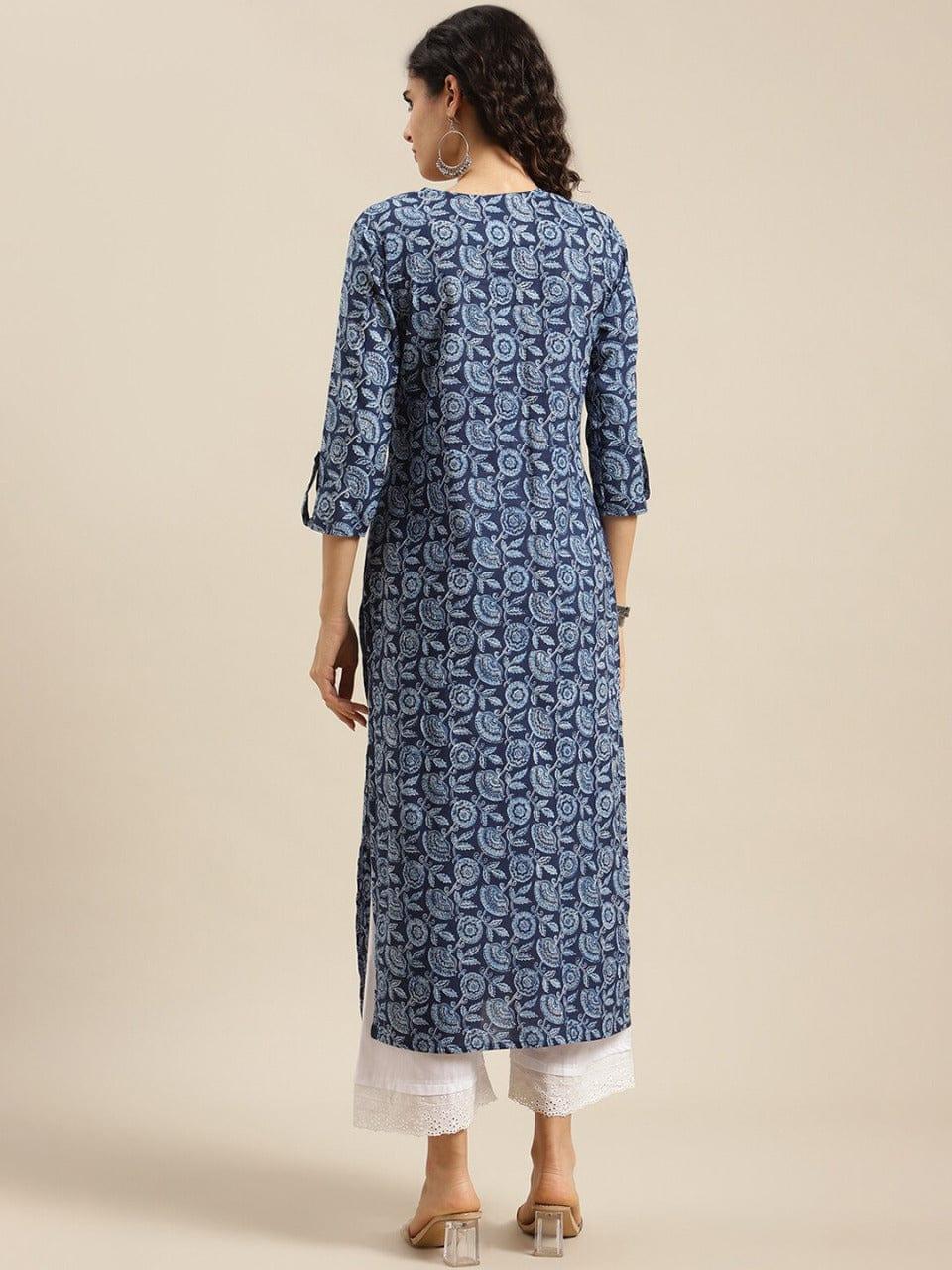 KSUT Women Blue & White Floral Printed Mirror Work Kurta - Indiakreations