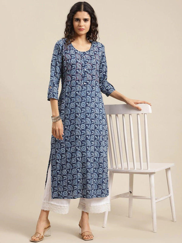 KSUT Women Blue & White Floral Printed Mirror Work Kurta - Indiakreations