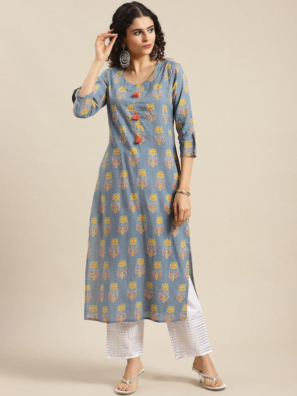 KSUT Women Grey & Yellow Floral Printed Kurta - Indiakreations