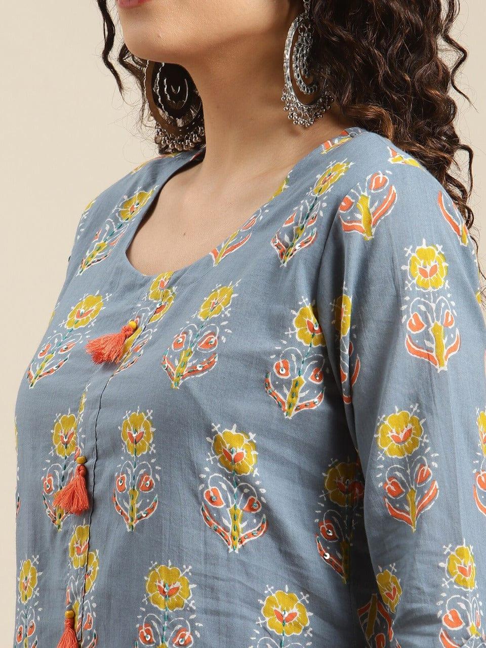 KSUT Women Grey & Yellow Floral Printed Kurta - Indiakreations