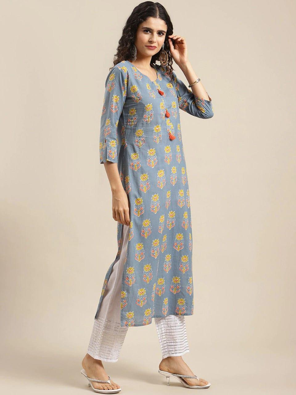 KSUT Women Grey & Yellow Floral Printed Kurta - Indiakreations