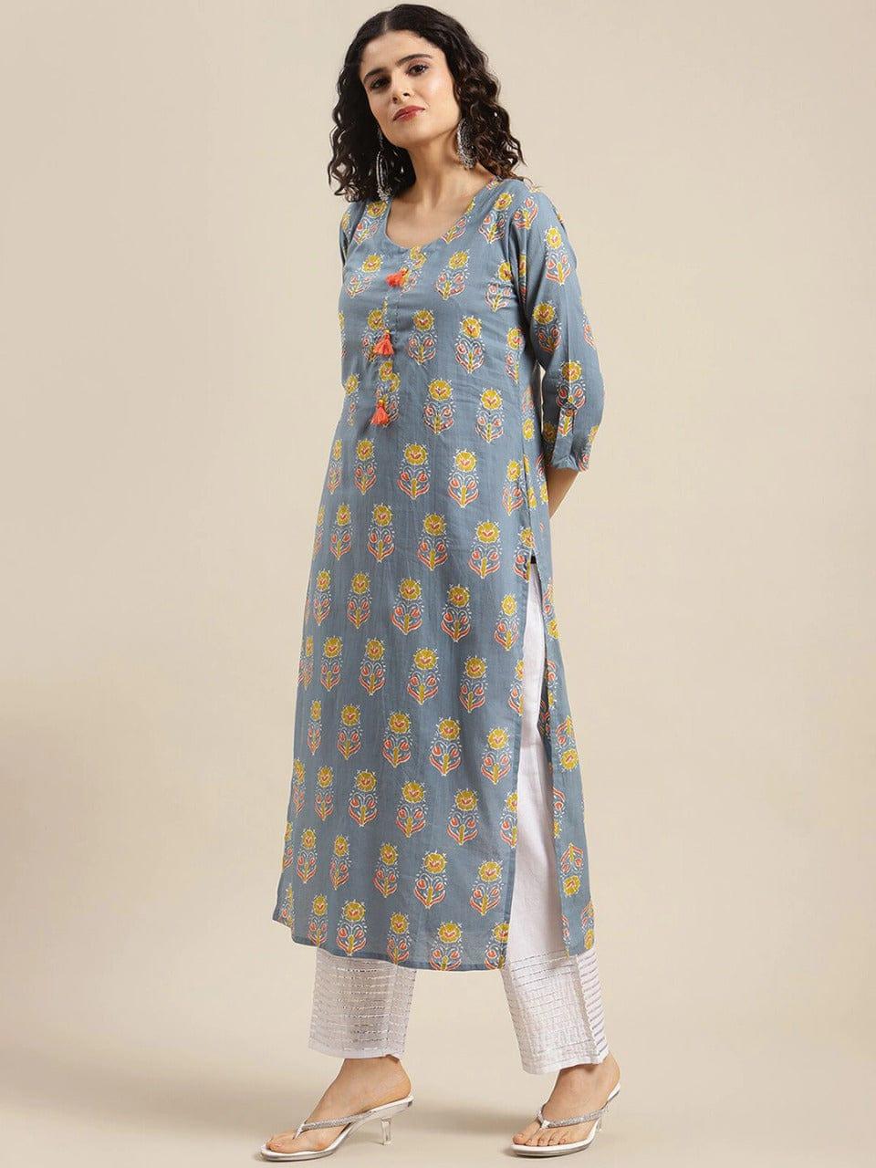 KSUT Women Grey & Yellow Floral Printed Kurta - Indiakreations