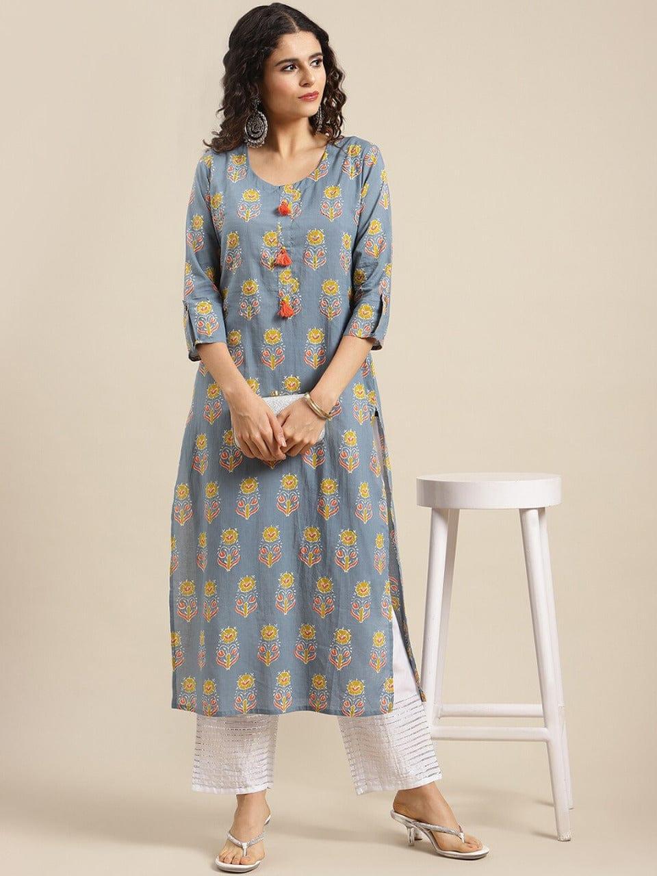 KSUT Women Grey & Yellow Floral Printed Kurta - Indiakreations