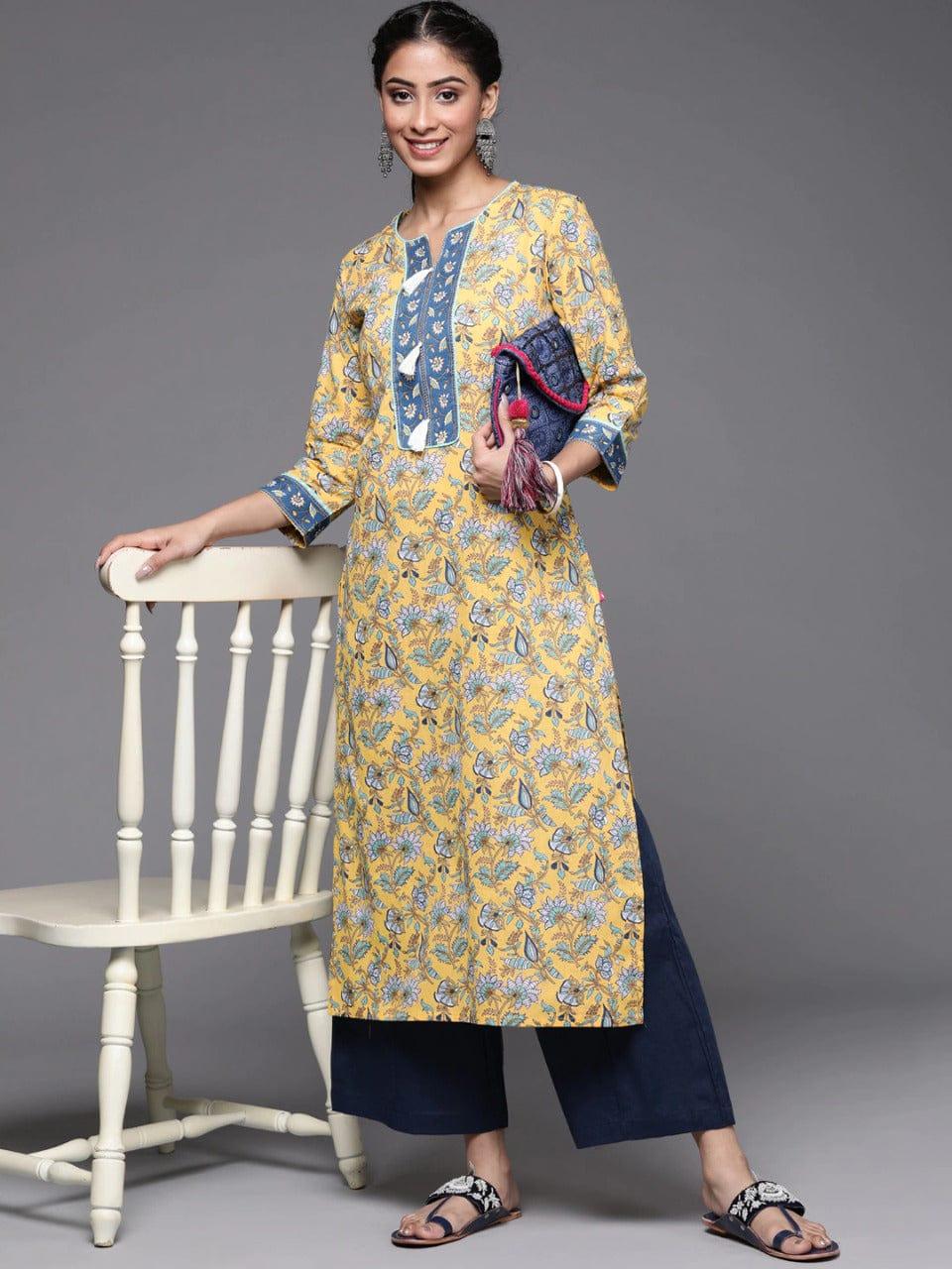 Varanga Mustard Yellow & Blue Ethnic Motifs Printed Pure Cotton Kurta - Indiakreations