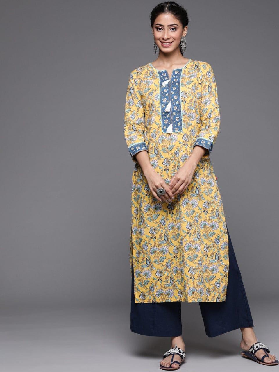 Varanga Mustard Yellow & Blue Ethnic Motifs Printed Pure Cotton Kurta - Indiakreations