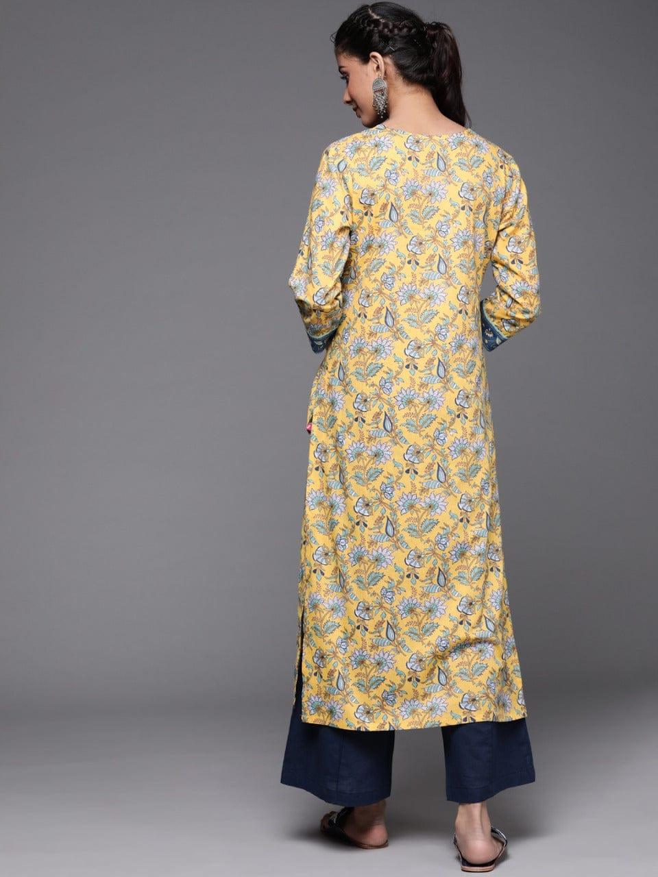 Varanga Mustard Yellow & Blue Ethnic Motifs Printed Pure Cotton Kurta - Indiakreations