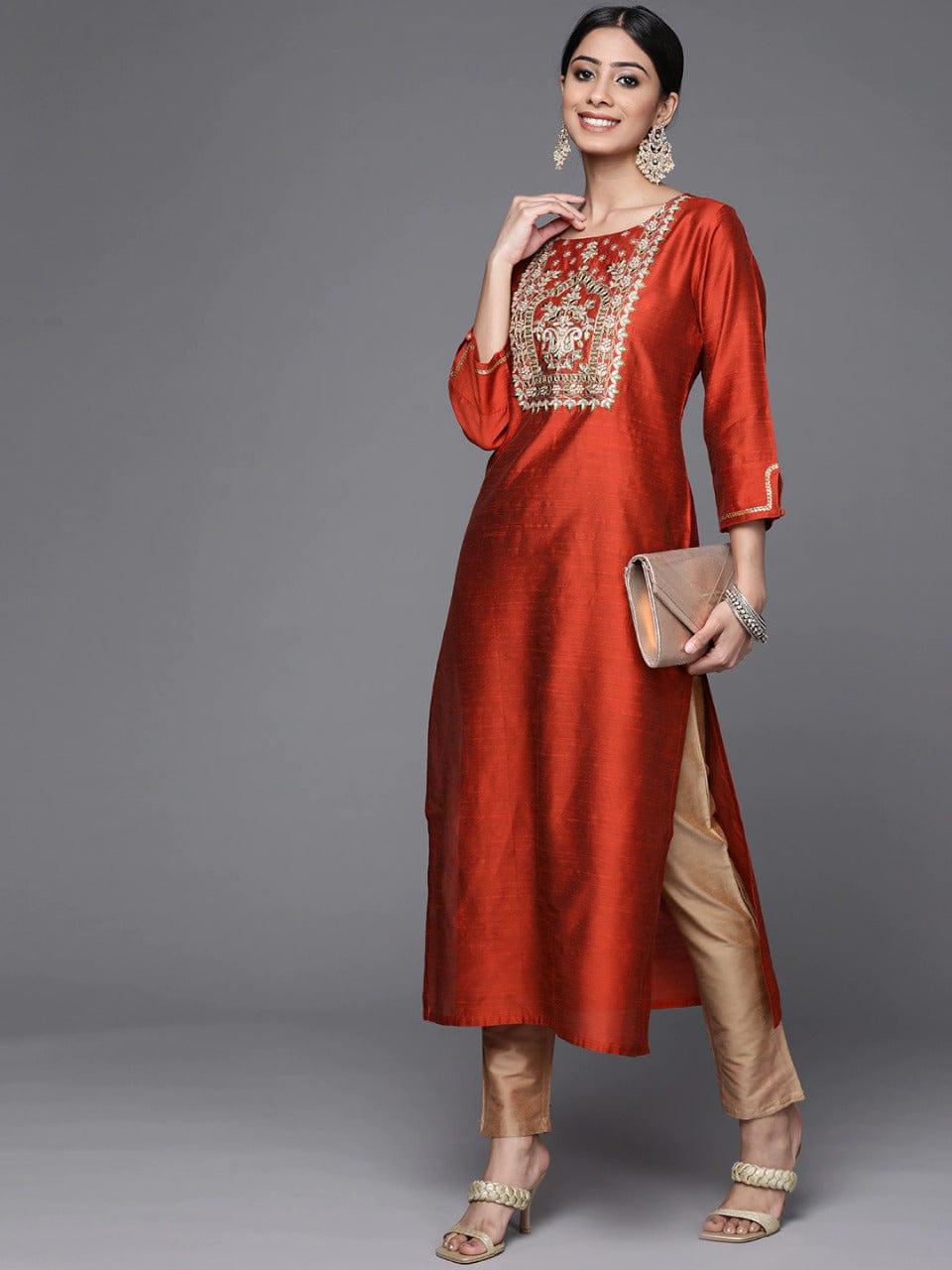 Varanga Women Rust Red & Golden Yoke Embroidered Kurta - Indiakreations