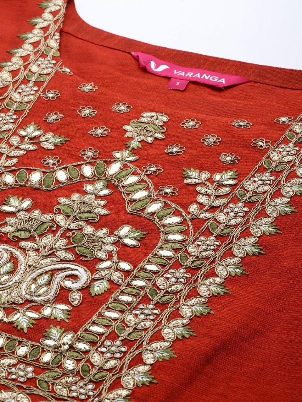 Varanga Women Rust Red & Golden Yoke Embroidered Kurta - Indiakreations