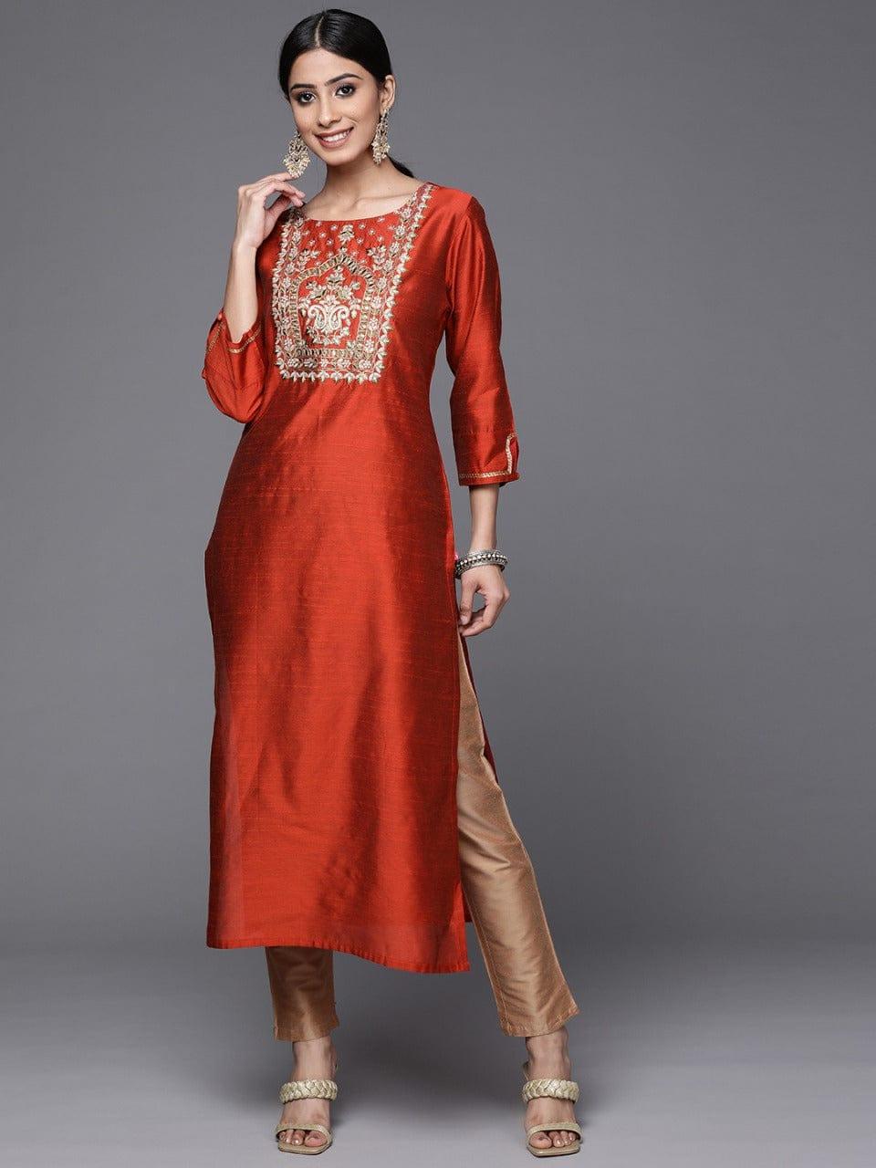 Varanga Women Rust Red & Golden Yoke Embroidered Kurta - Indiakreations