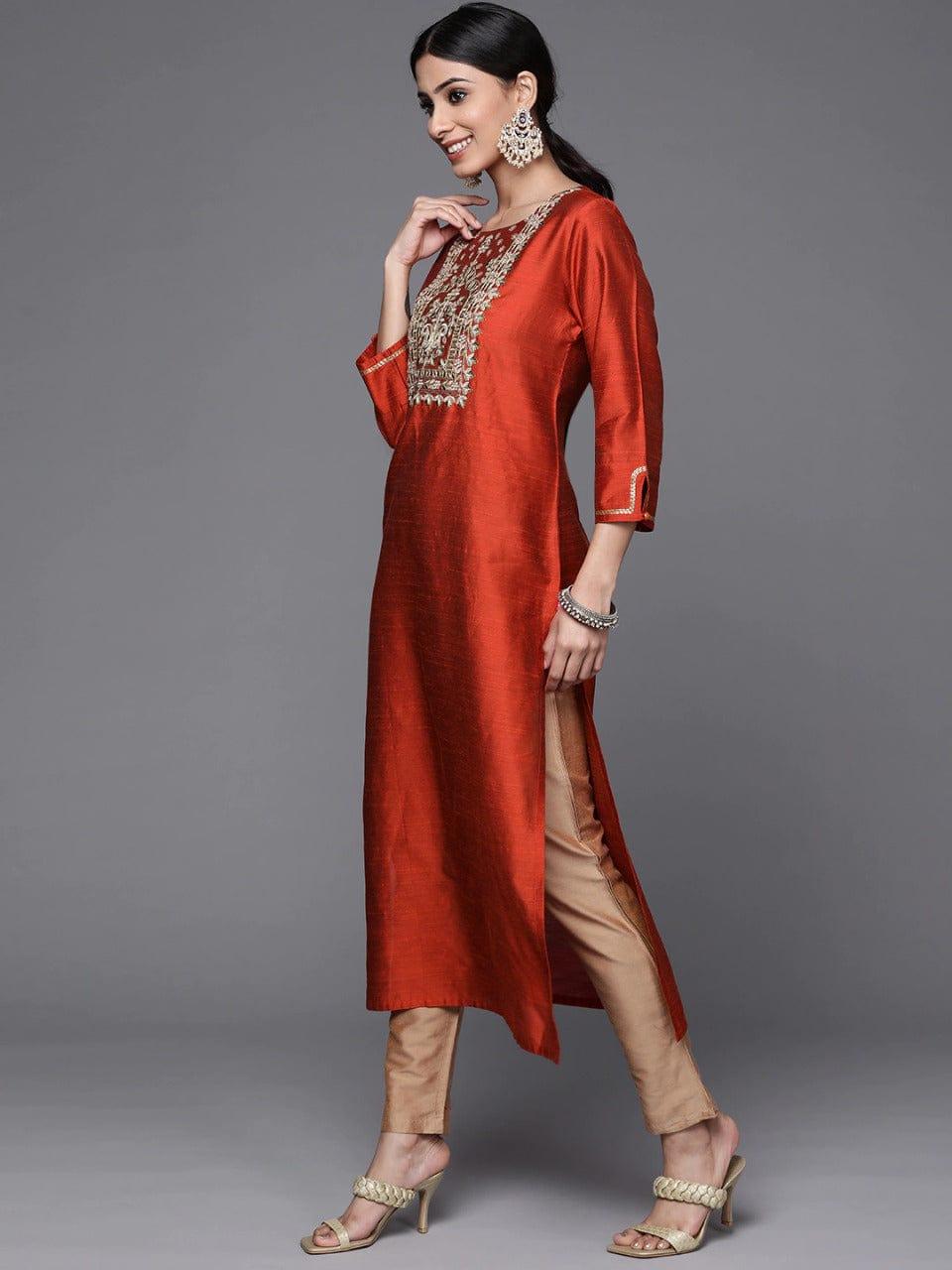 Varanga Women Rust Red & Golden Yoke Embroidered Kurta - Indiakreations