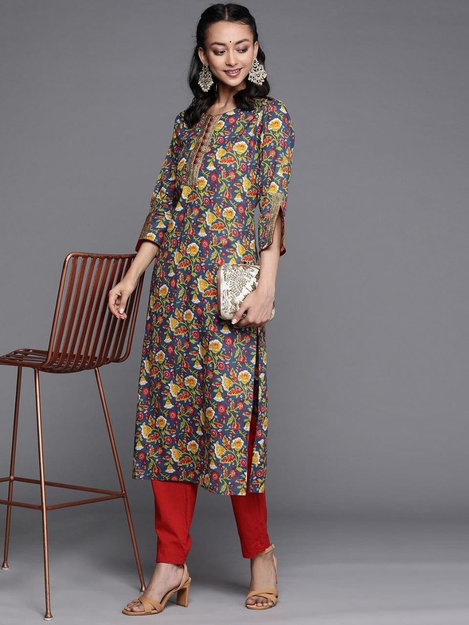 Varanga Navy Blue & Yellow Floral Printed Floral Kurta - Indiakreations