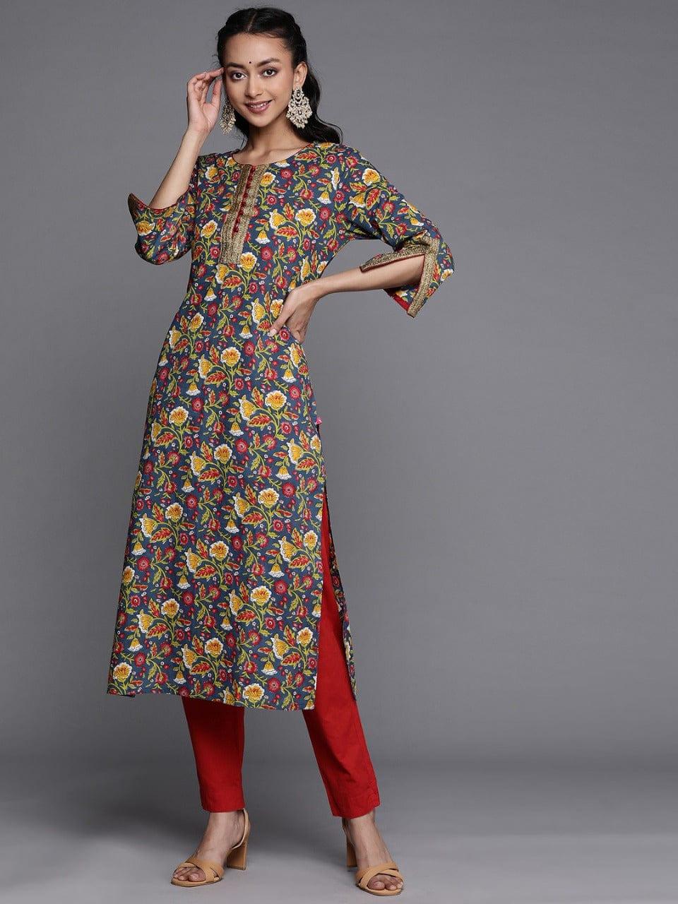 Varanga Navy Blue & Yellow Floral Printed Floral Kurta - Indiakreations