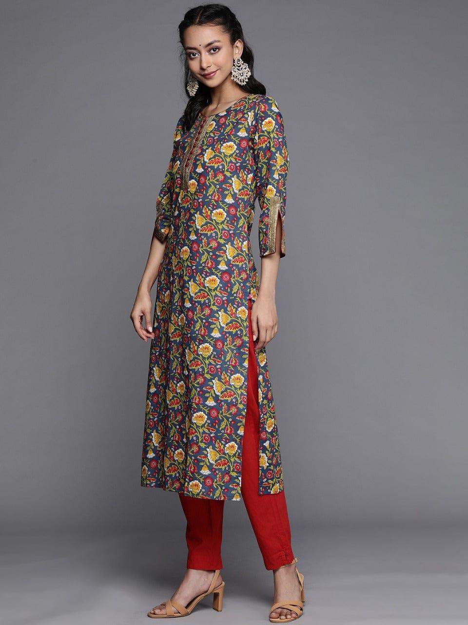 Varanga Navy Blue & Yellow Floral Printed Floral Kurta - Indiakreations