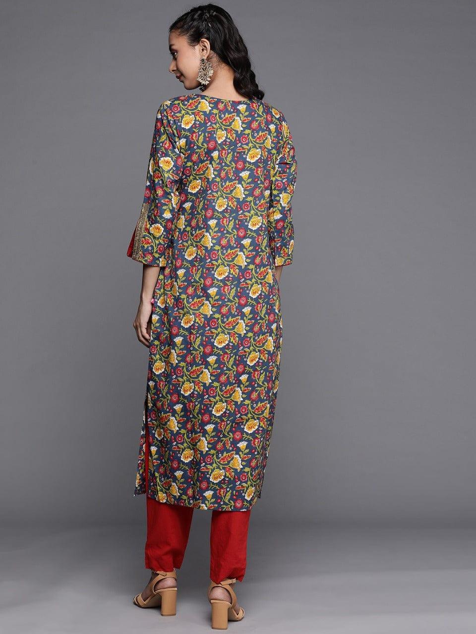 Varanga Navy Blue & Yellow Floral Printed Floral Kurta - Indiakreations