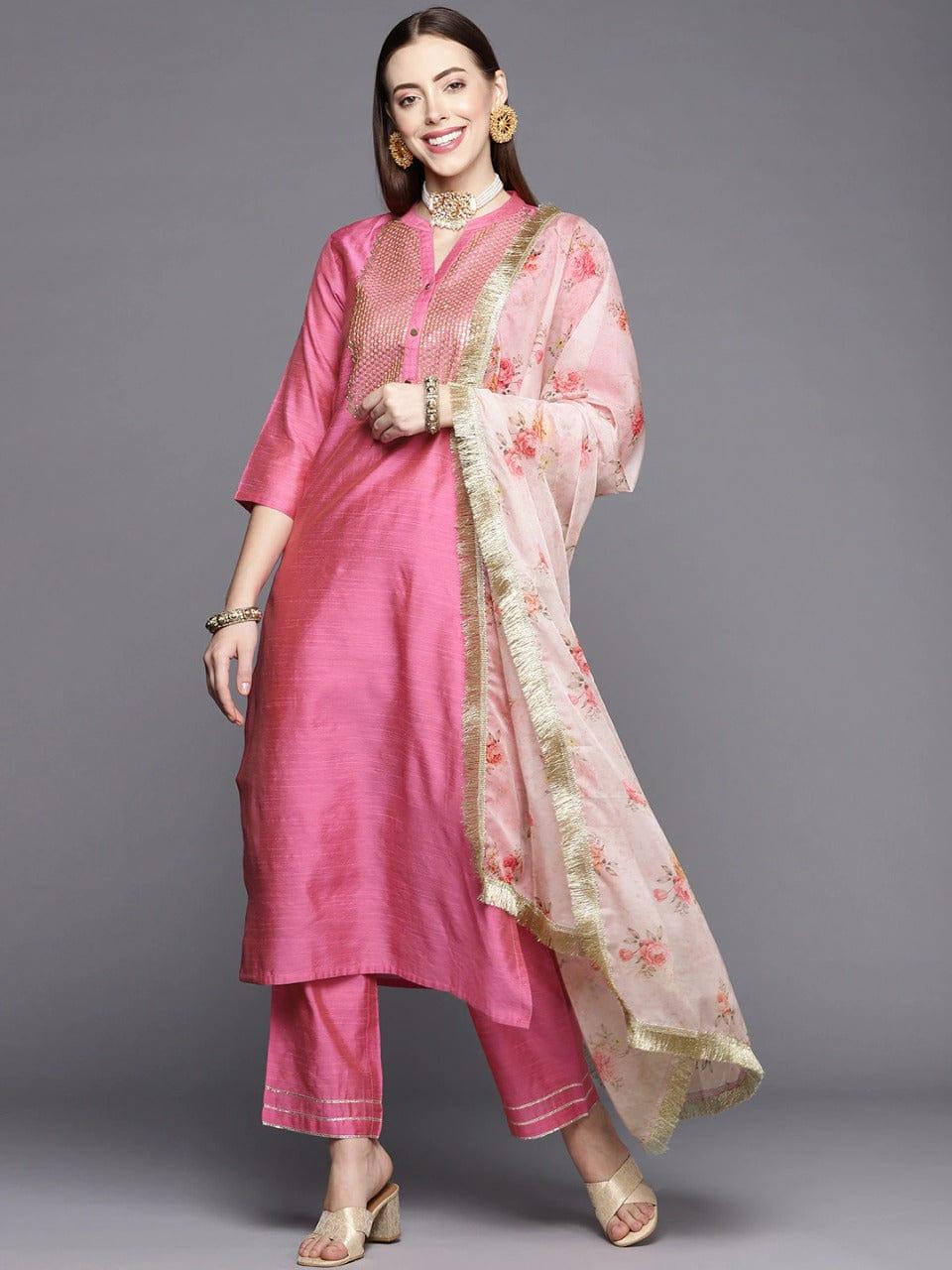 KSUT Women Pink Yoke Design Sequinned Kurta with Trousers & With Dupatta - Indiakreations