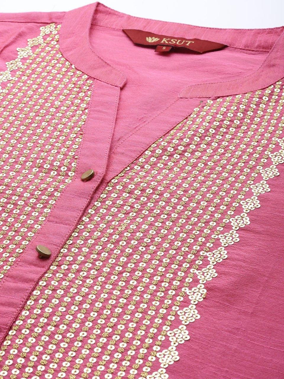 KSUT Women Pink Yoke Design Sequinned Kurta with Trousers & With Dupatta - Indiakreations