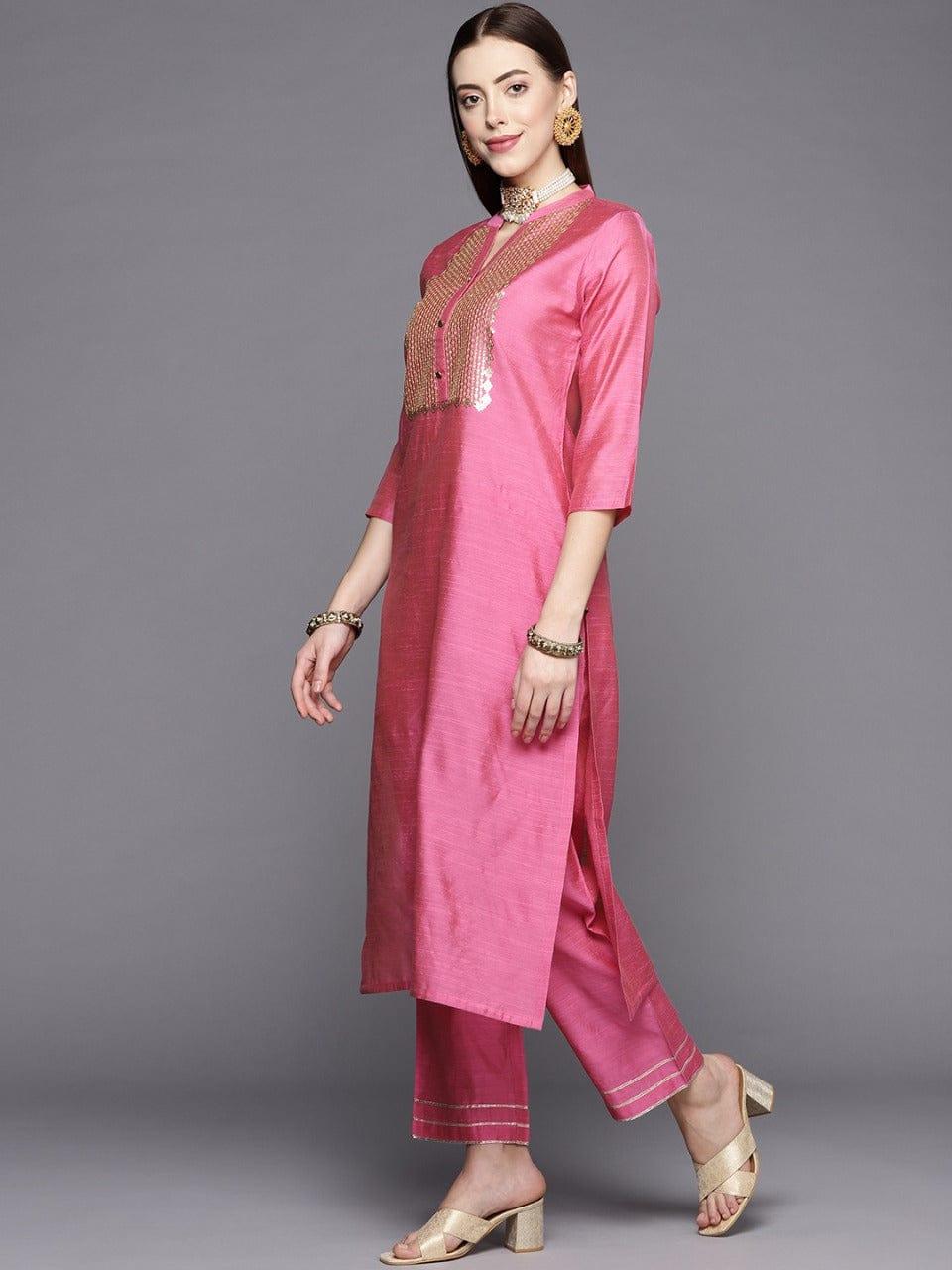 KSUT Women Pink Yoke Design Sequinned Kurta with Trousers & With Dupatta - Indiakreations