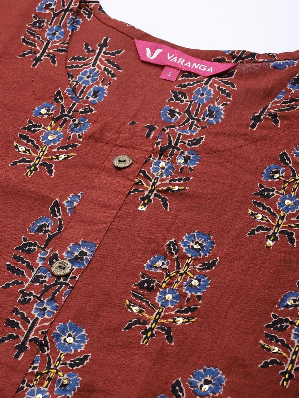 Varanga Women Rust Floral Printed Pure Cotton Kurta with Palazzos - Indiakreations