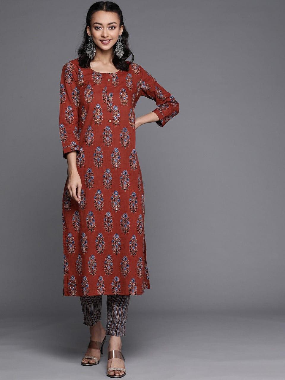 Varanga Women Rust Floral Printed Pure Cotton Kurta with Palazzos - Indiakreations