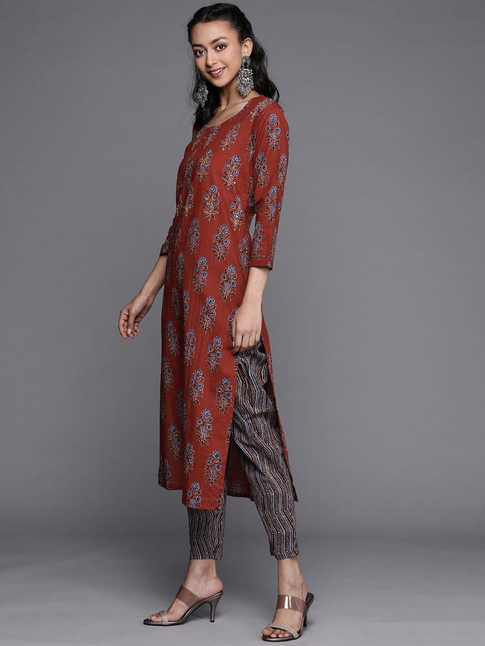 Varanga Women Rust Floral Printed Pure Cotton Kurta with Palazzos - Indiakreations