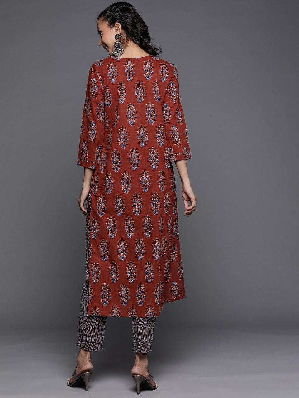 Varanga Women Rust Floral Printed Pure Cotton Kurta with Palazzos - Indiakreations