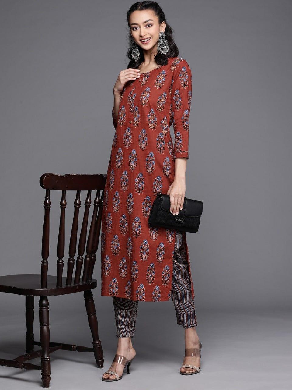 Varanga Women Rust Floral Printed Pure Cotton Kurta with Palazzos - Indiakreations