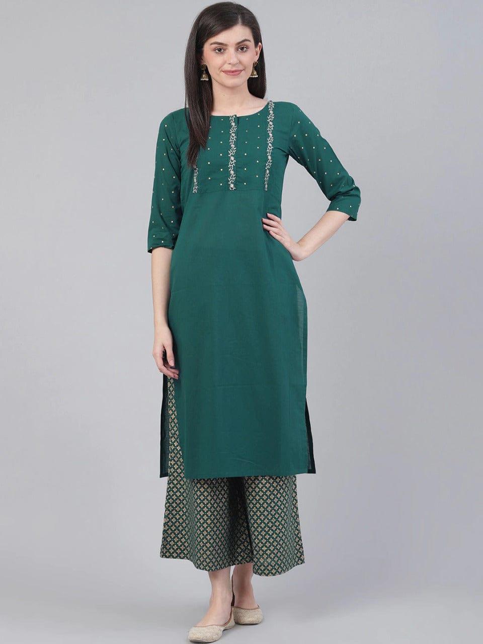 Varanga Women Green Ethnic Motifs Yoke Design Kurti with Palazzos - Indiakreations