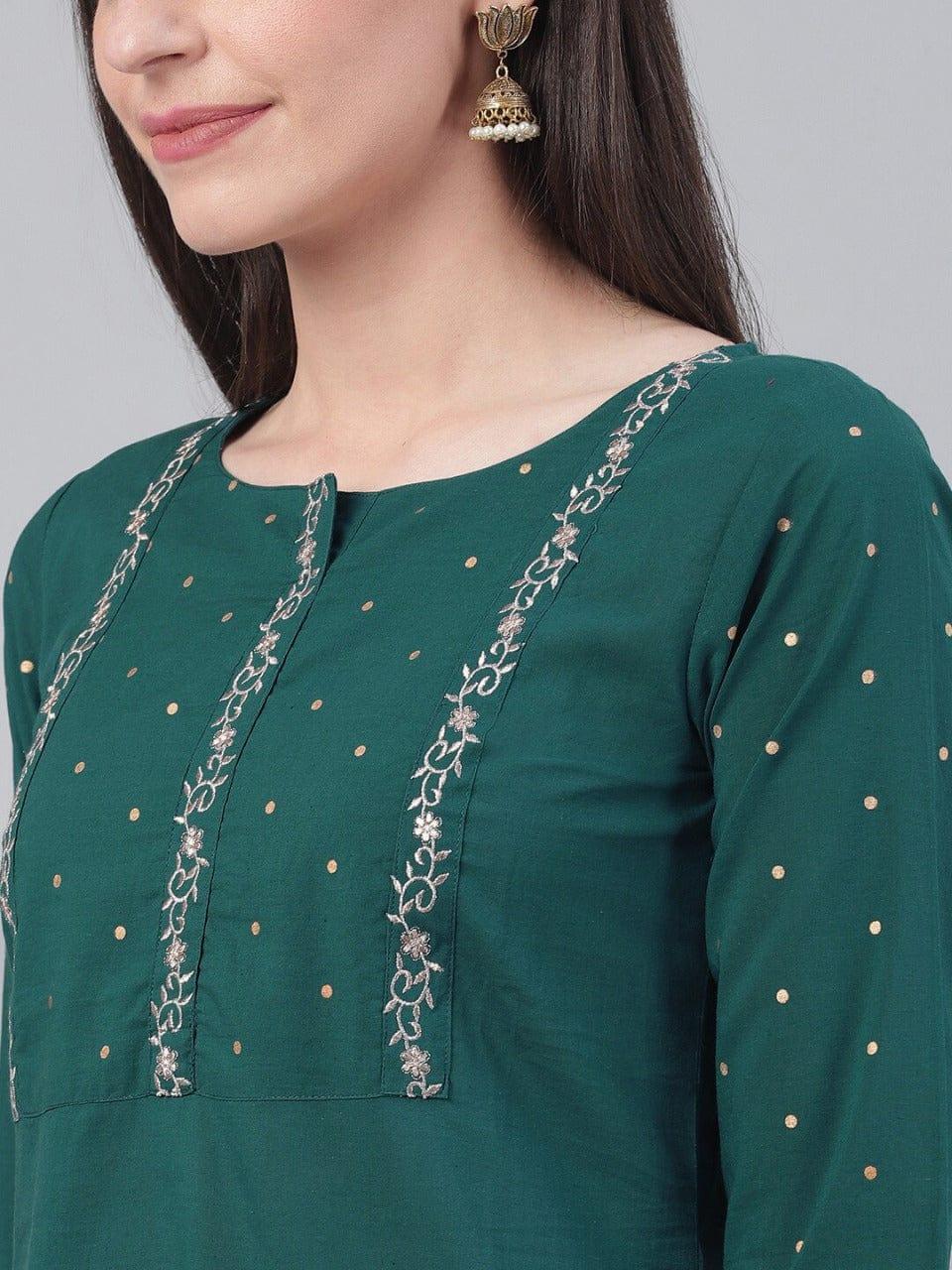 Varanga Women Green Ethnic Motifs Yoke Design Kurti with Palazzos - Indiakreations