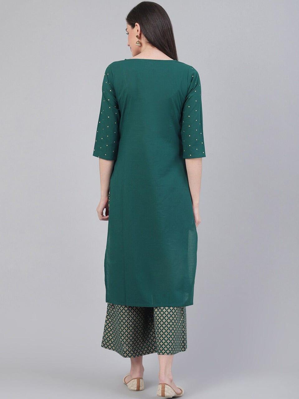 Varanga Women Green Ethnic Motifs Yoke Design Kurti with Palazzos - Indiakreations