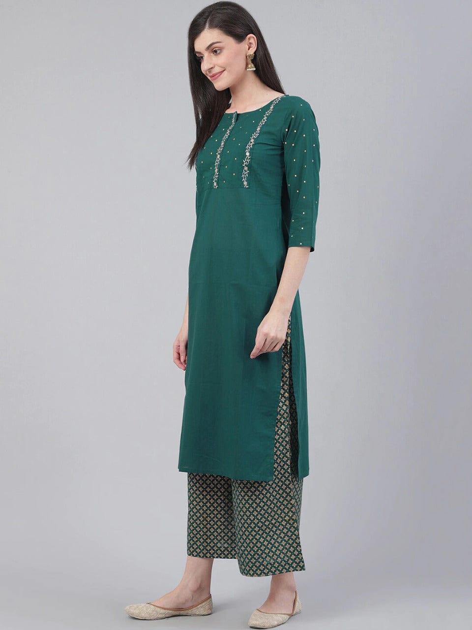 Varanga Women Green Ethnic Motifs Yoke Design Kurti with Palazzos - Indiakreations