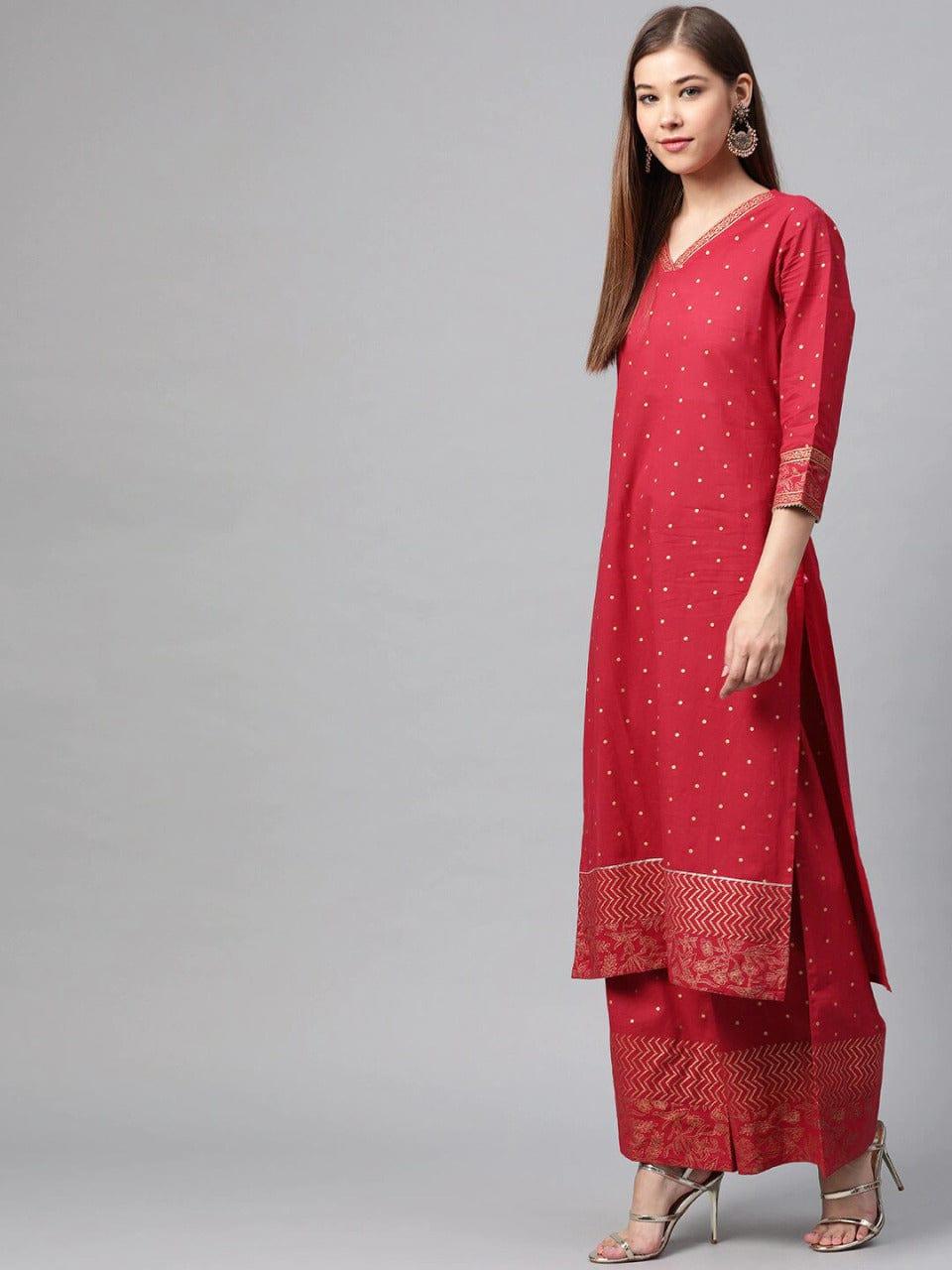 Varanga Women Maroon Ethnic Motifs Printed Panelled Kurta with Palazzos - Indiakreations