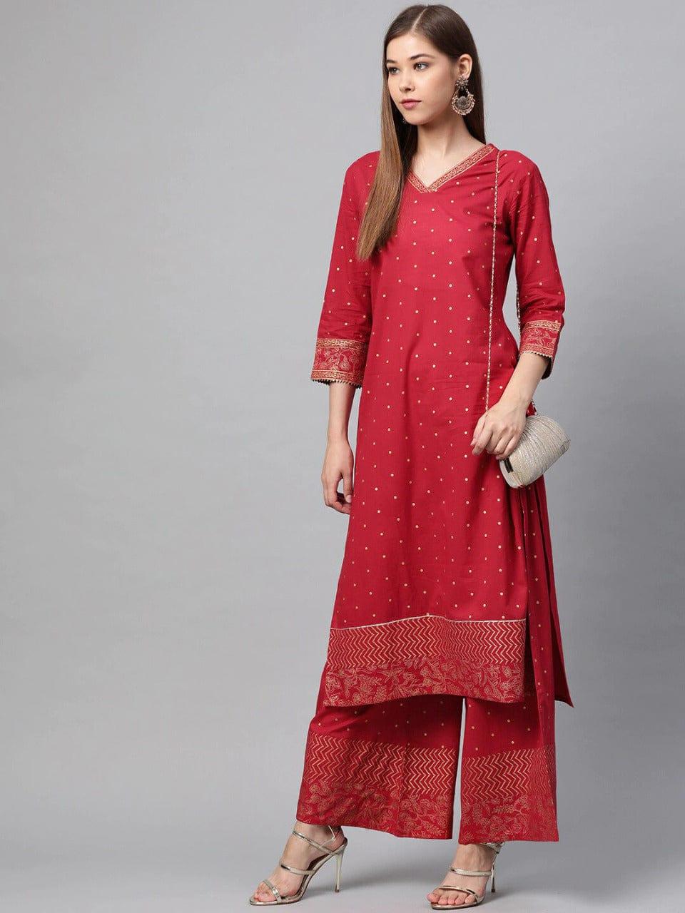 Varanga Women Maroon Ethnic Motifs Printed Panelled Kurta with Palazzos - Indiakreations