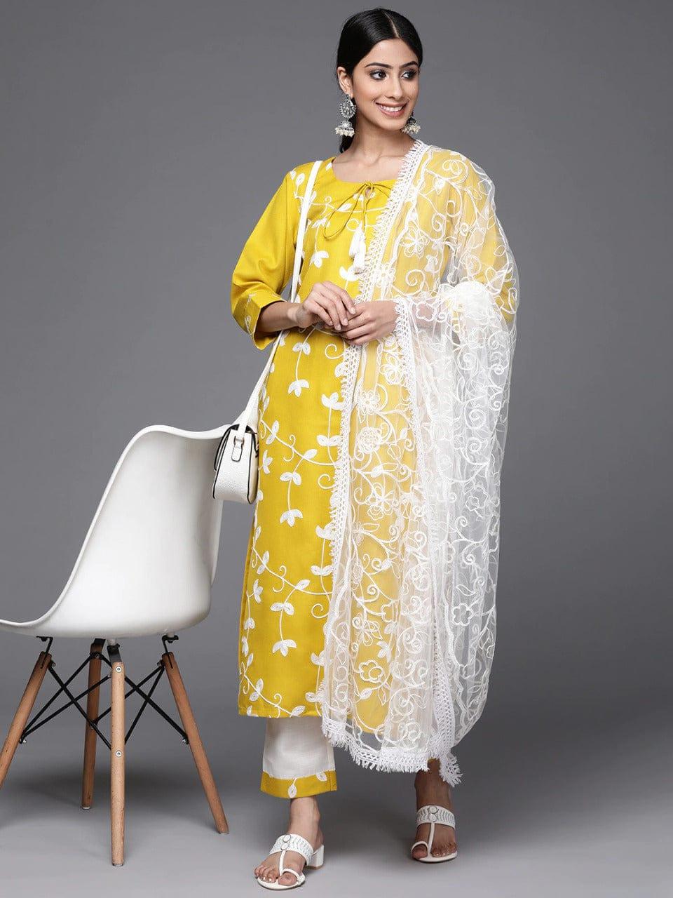 Varanga Women Yellow Ethnic Motifs Embroidered Pure Cotton Kurta with Trousers & Dupatta - Indiakreations